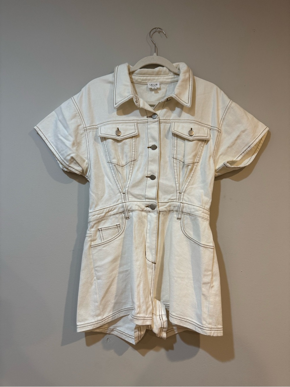Cream Short-Sleeve Denim Romper